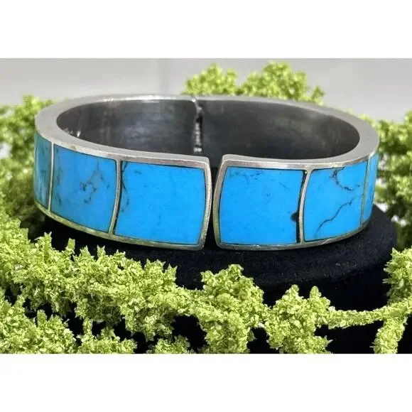 Vintage Taxco Turquoise Inlay Sterling Silver Chunky Clamper Bracelet - Picture 6 of 7